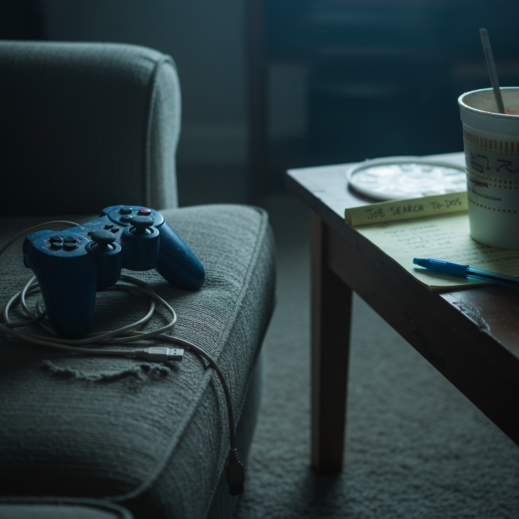 A dimly lit living room with a secondhand game controller resting idle on a frayed sofa cushion, its cable loosely coiled and unplugged. Nearby, a small coffee table is strewn with a crumpled notepad of job search to-dos, an empty instant noodle cup, and a cheap ballpoint pen with chewed plastic. The only light source is a cool-toned TV glow illuminating the controller and casting long, soft shadows across the table. Photographic realism, shot from a low, close-up angle with shallow depth of field, emphasizing texture and wear. The mood feels listless and suspended, suggesting stalled motivation and long, repetitive days.