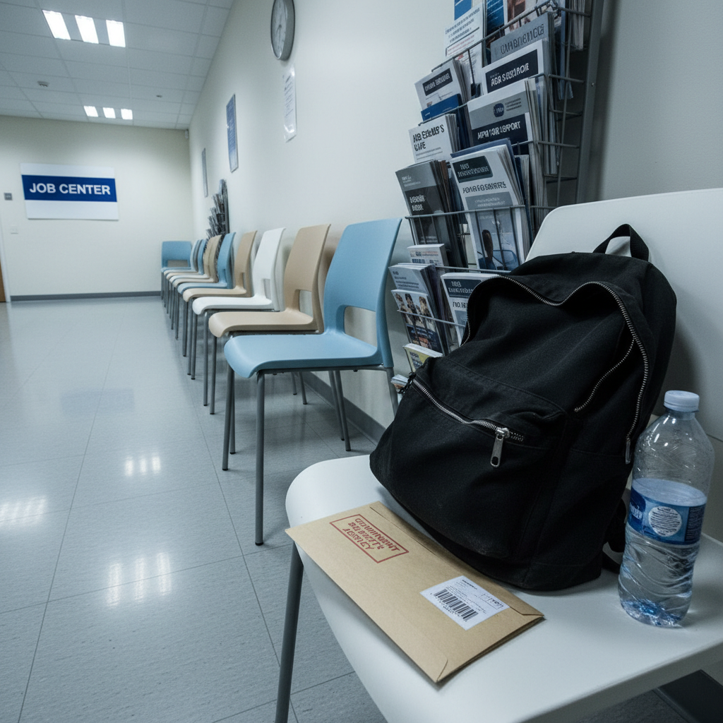 A bare, fluorescent-lit waiting area in a job center, shown without people, with a row of slightly mismatched plastic chairs and a single, overstuffed information leaflet stand beside them. On one seat lies an unopened envelope stamped with official markings, next to a budget black backpack with a broken zipper and a nearly empty clear plastic water bottle. The light is harsh and cool, casting sharp-edged shadows beneath the chairs and emphasizing the glossy floor tiles. Photographic realism, captured from a low, wide-angle perspective to amplify the emptiness of the space, creating a mood of bureaucratic distance and anxious anticipation.