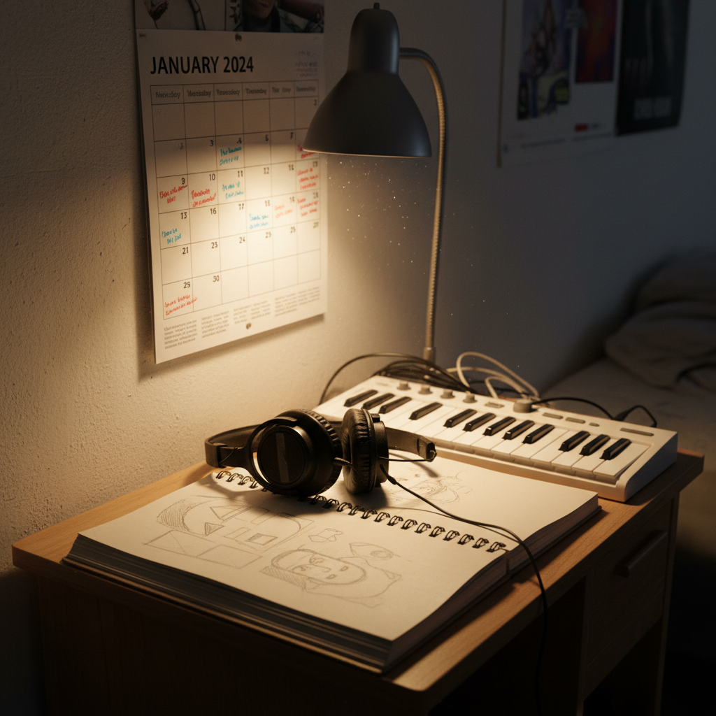 A small, cluttered bedroom desk crammed against a wall, holding a worn sketchbook half-filled with drawings, a simple MIDI keyboard with a few keys slightly yellowed, and a beat-up pair of headphones resting askew. Behind them, a pinned-up calendar shows weeks crossed out in different colored pens, while a cheap desk lamp casts a focused, warm cone of light directly onto the creative tools, leaving the rest of the room in soft shadow. Photographic realism, shot from a three-quarter angle with shallow depth of field, centering the sketchbook and keyboard in sharp focus. The mood suggests untapped potential and creative ambition coexisting with long-term uncertainty about the future.