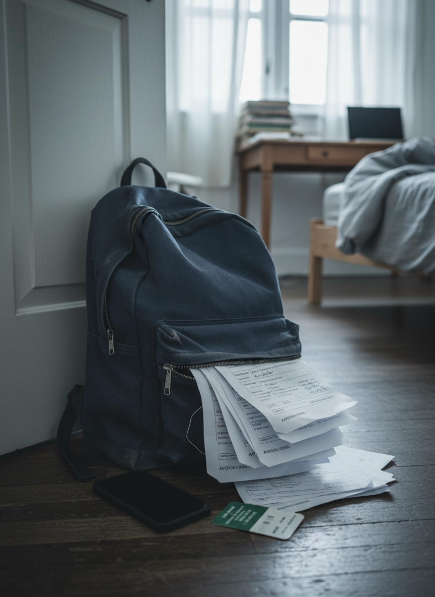 A worn, navy-blue fabric backpack slumped against a closed bedroom door, its zippers half-open and a stack of dog-eared application forms spilling onto a scuffed wooden floor. A silent smartphone lies screen-down beside it, notifications off, next to a folded bus pass. Soft, overcast daylight filters through thin curtains, casting muted, cool-toned light across the small, slightly cluttered room with an unmade bed and a simple desk in the background. Photographic realism at eye level, with shallow depth of field focusing sharply on the backpack and papers, the background softly blurred to create a quiet, contemplative mood that hints at stalled plans and uncertainty.