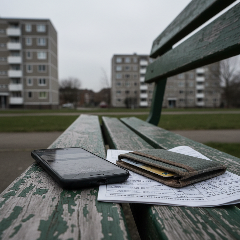 A cracked, budget smartphone lying face-up on a narrow park bench, its screen displaying a paused job search page surrounded by smudged fingerprints. Beside it sits a nearly empty travel card wallet and a single printed bus timetable folded in half. The bench is slightly weathered, with peeling green paint, set against an urban backdrop of out-of-focus high-rise flats and a grey, overcast sky. Natural diffuse daylight creates gentle, even lighting with soft shadows under the phone and wallet. Photographic realism, captured from an eye-level side angle using rule-of-thirds composition, conveying a quiet moment of decision-making during a solitary, uncertain afternoon.